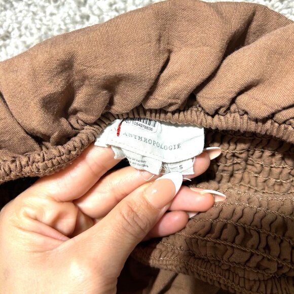 Anthropologie Women's Sz Small Smocked Off-Shoulder Midi Brown Dress Ruffle Hem - Picture 4 of 9